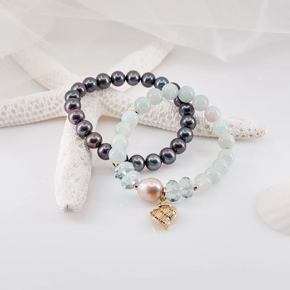 Charm Bracelet Set of 2, Black Peacock Pearls & Agate Edison Pearl w/Shell Charm